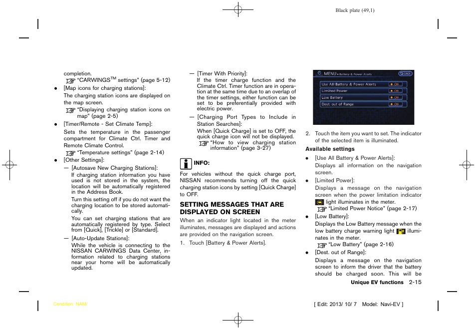 Setting messages that are displayed on screen -15 | NISSAN 2014 LEAF - Navigation System Owner's Manual User Manual | Page 53 / 286