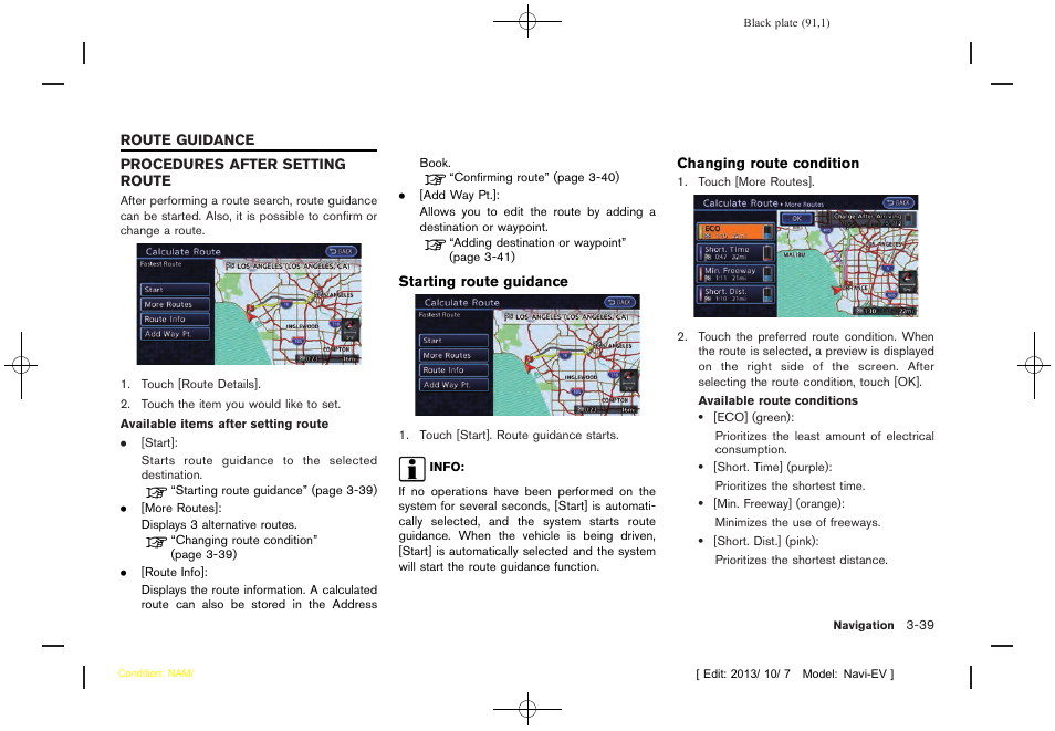 Route guidance -39, Procedures after setting route -39 | NISSAN 2014 LEAF - Navigation System Owner's Manual User Manual | Page 95 / 286