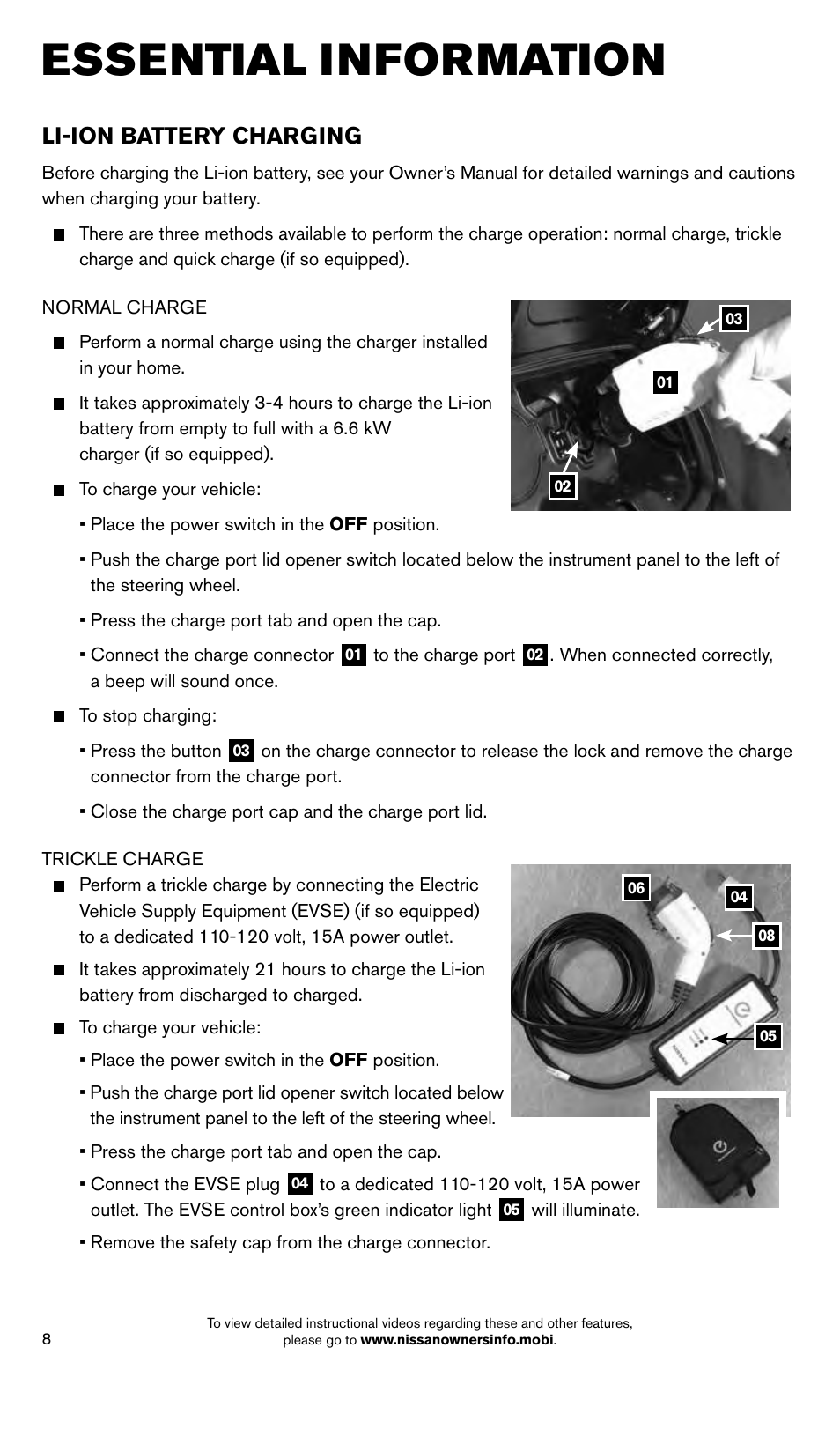 Essential information, Li-ion battery charging | NISSAN 2014 LEAF - Quick Reference Guide User Manual | Page 10 / 27