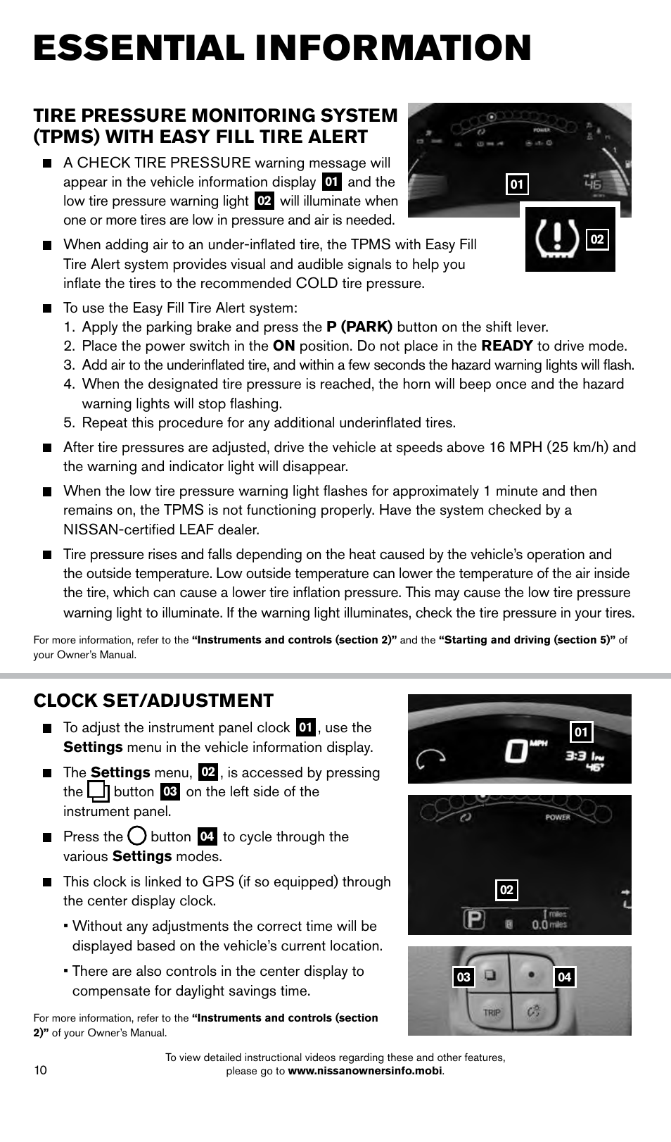 Essential information, Clock set/adjustment | NISSAN 2014 LEAF - Quick Reference Guide User Manual | Page 12 / 27