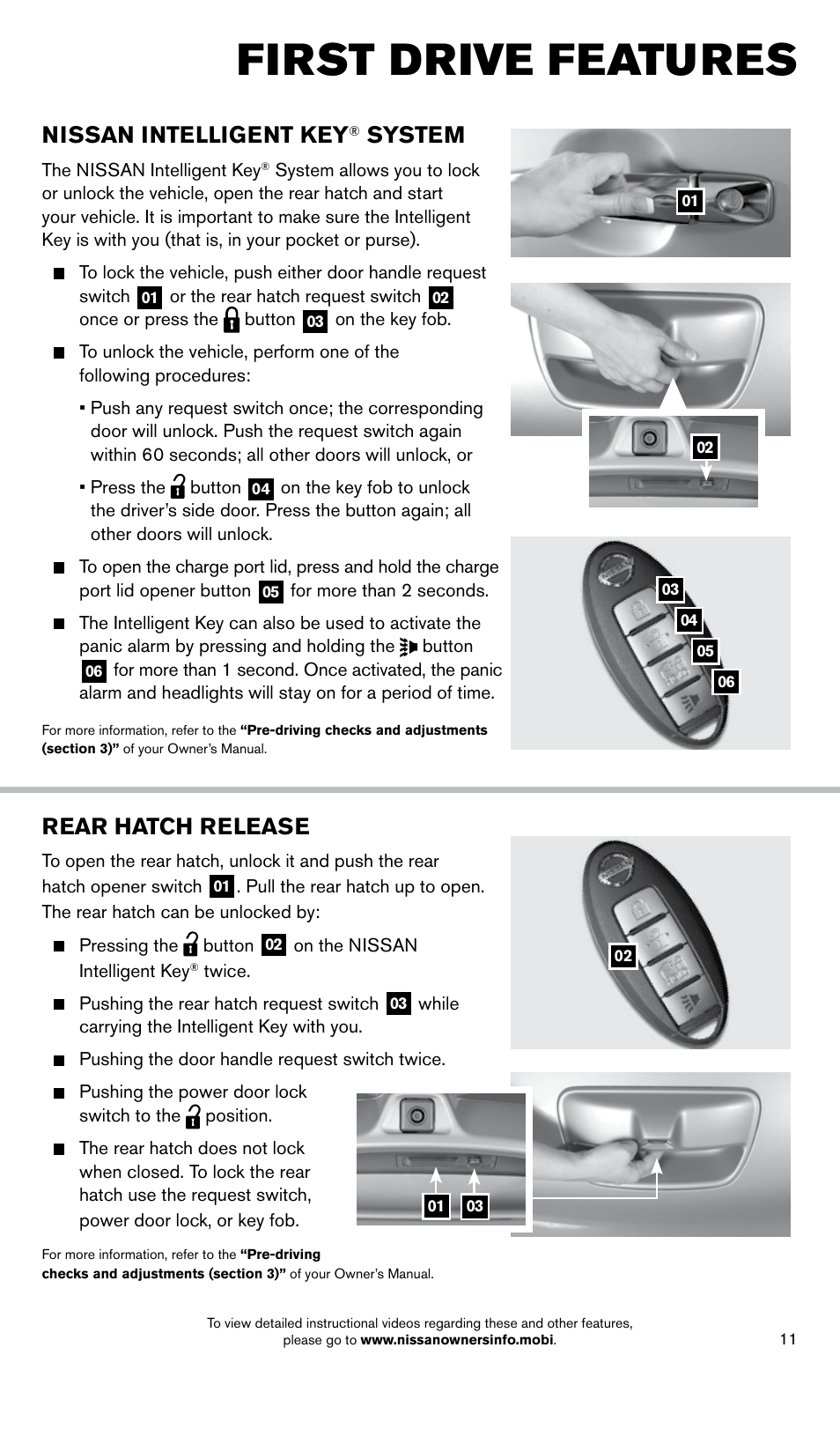 First drive features, Rear hatch release, Nissan intelligent key | System | NISSAN 2014 LEAF - Quick Reference Guide User Manual | Page 13 / 27