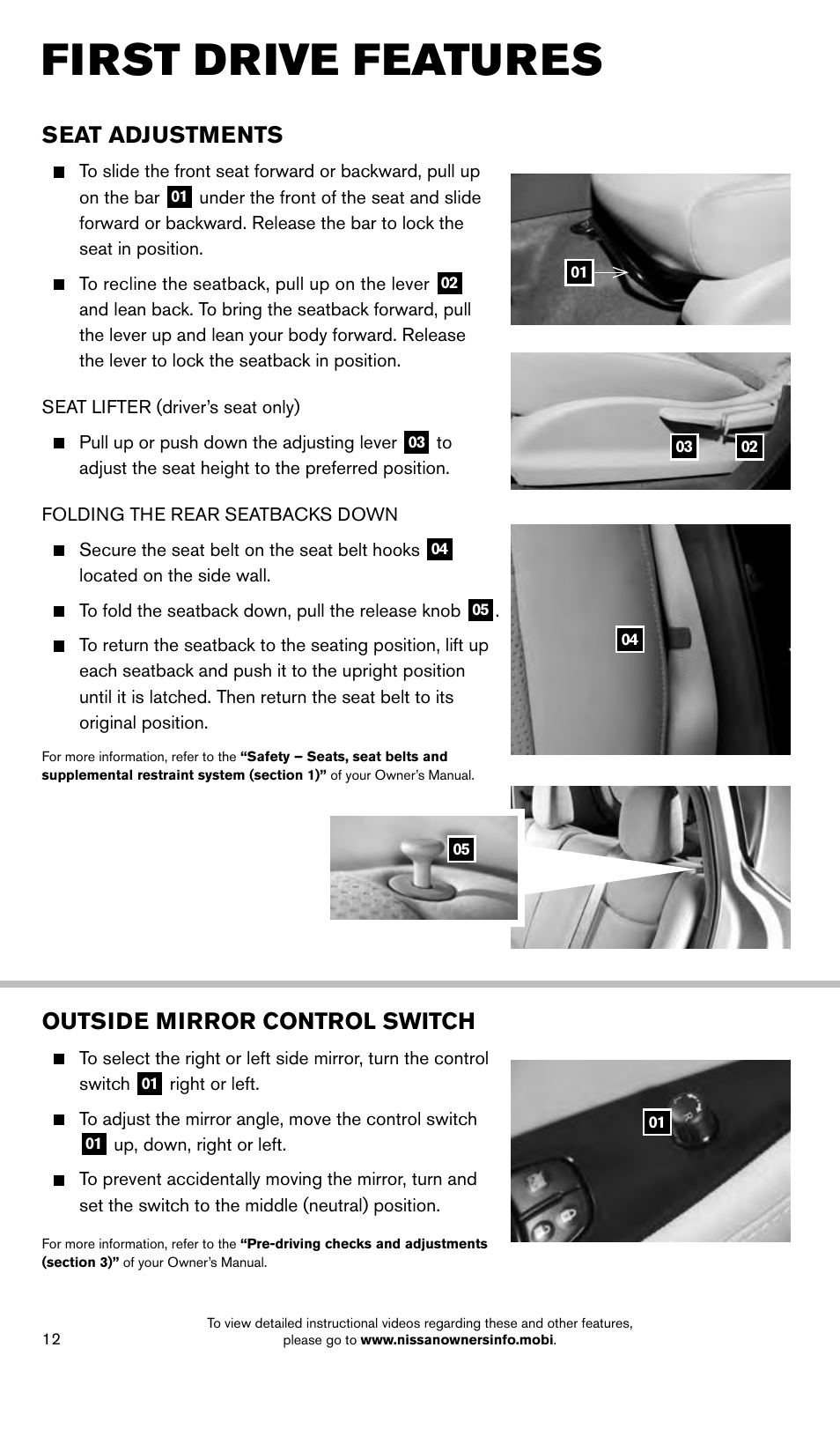 First drive features, Seat adjustments, Outside mirror control switch | NISSAN 2014 LEAF - Quick Reference Guide User Manual | Page 14 / 27