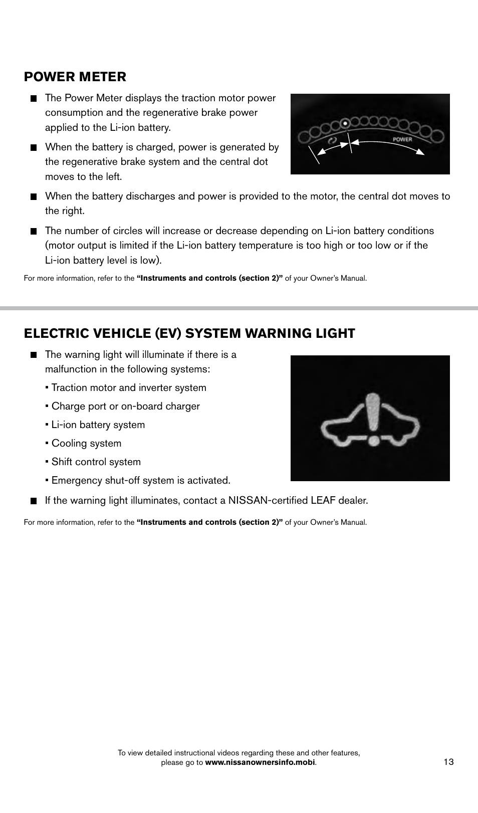 Power meter, Electric vehicle (ev) system warning light | NISSAN 2014 LEAF - Quick Reference Guide User Manual | Page 15 / 27