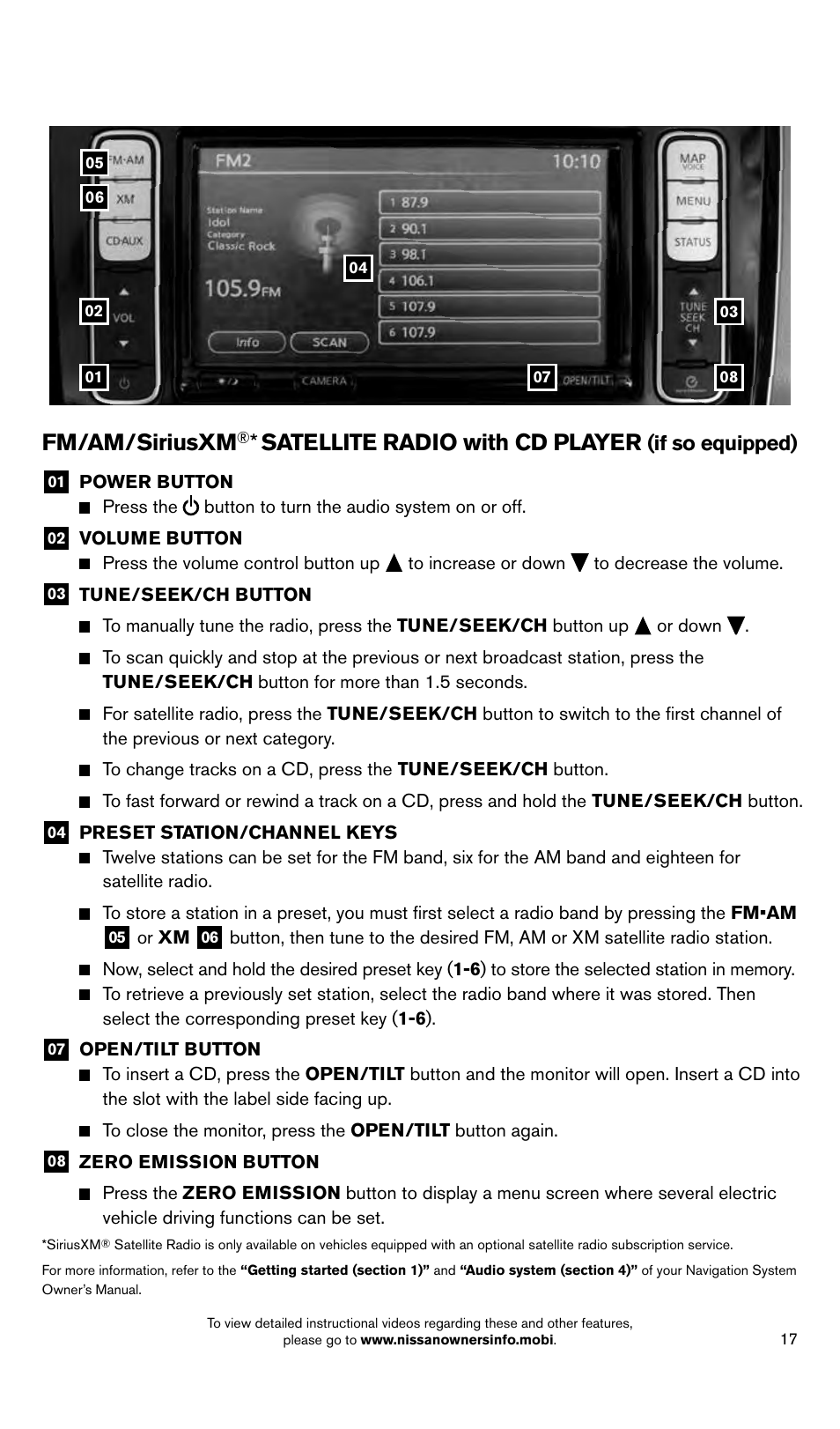 Fm/am/siriusxm, Satellite radio with cd player | NISSAN 2014 LEAF - Quick Reference Guide User Manual | Page 19 / 27