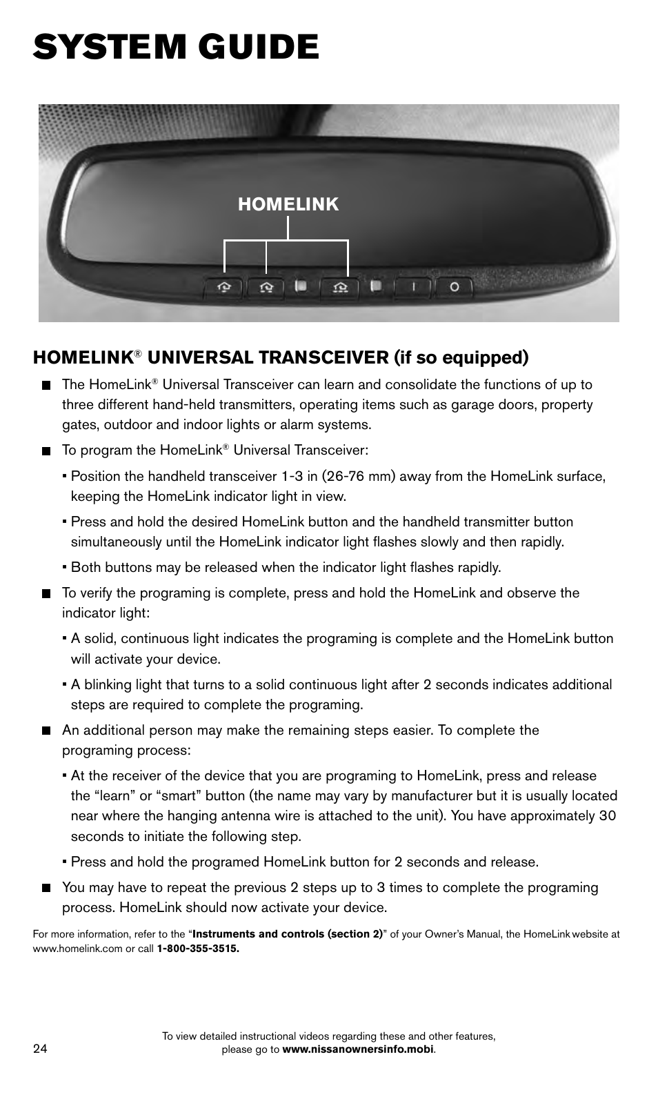 System guide, Homelink, Universal transceiver (if so equipped) | NISSAN 2014 LEAF - Quick Reference Guide User Manual | Page 26 / 27