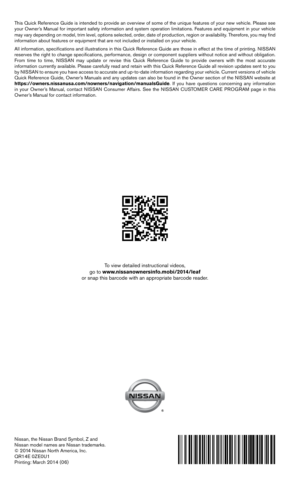 NISSAN 2014 LEAF - Quick Reference Guide User Manual | Page 27 / 27