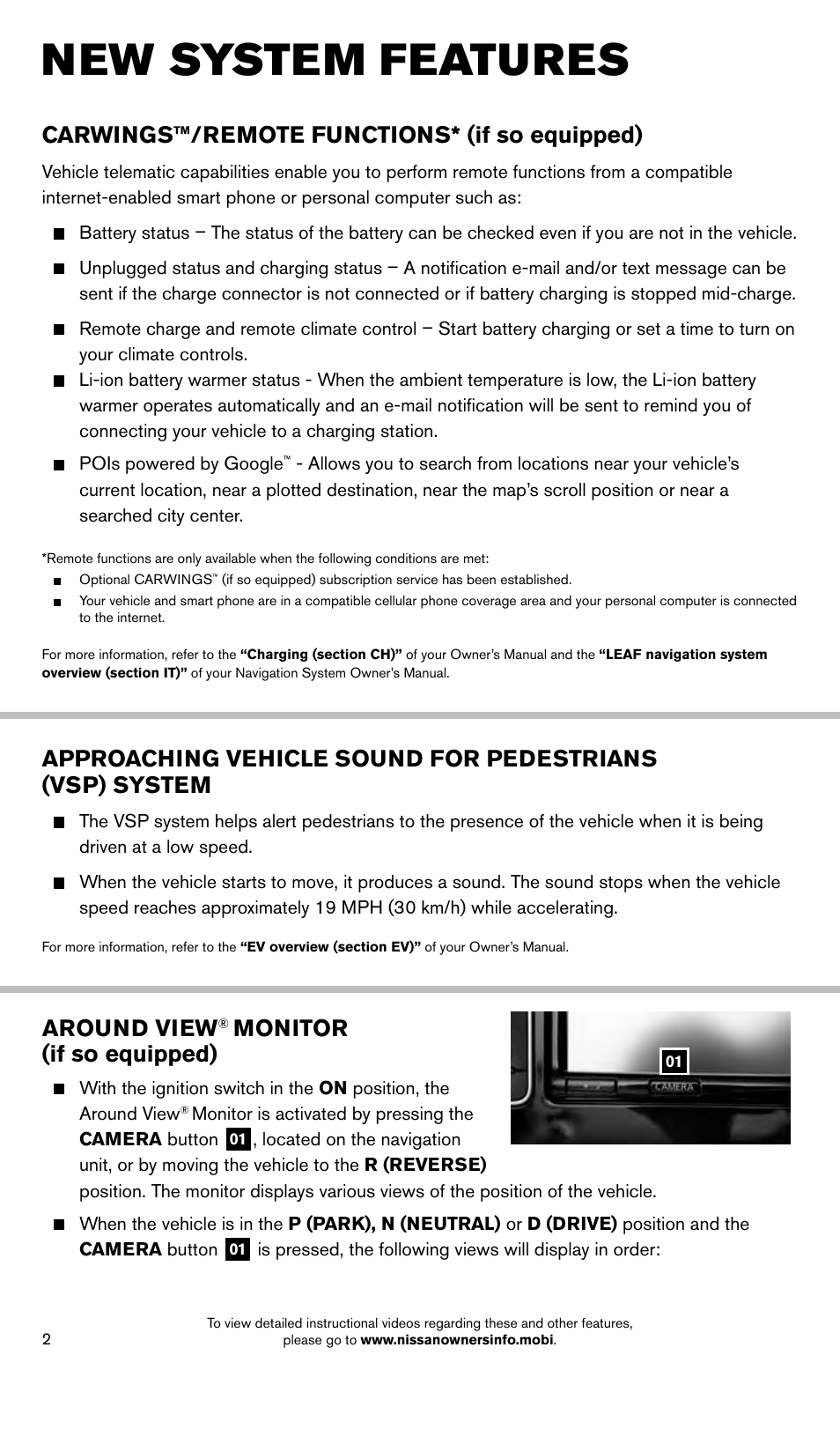 New system features, Around view, Monitor (if so equipped) | Carwings™/remote functions* (if so equipped) | NISSAN 2014 LEAF - Quick Reference Guide User Manual | Page 4 / 27