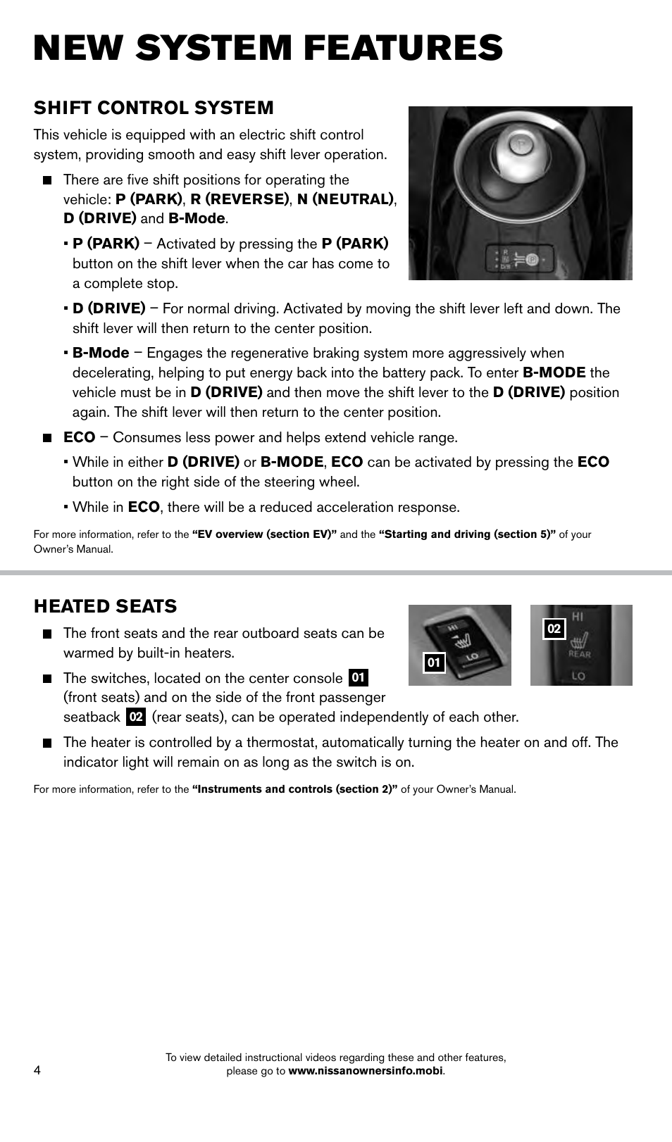 New system features, Shift control system, Heated seats | NISSAN 2014 LEAF - Quick Reference Guide User Manual | Page 6 / 27