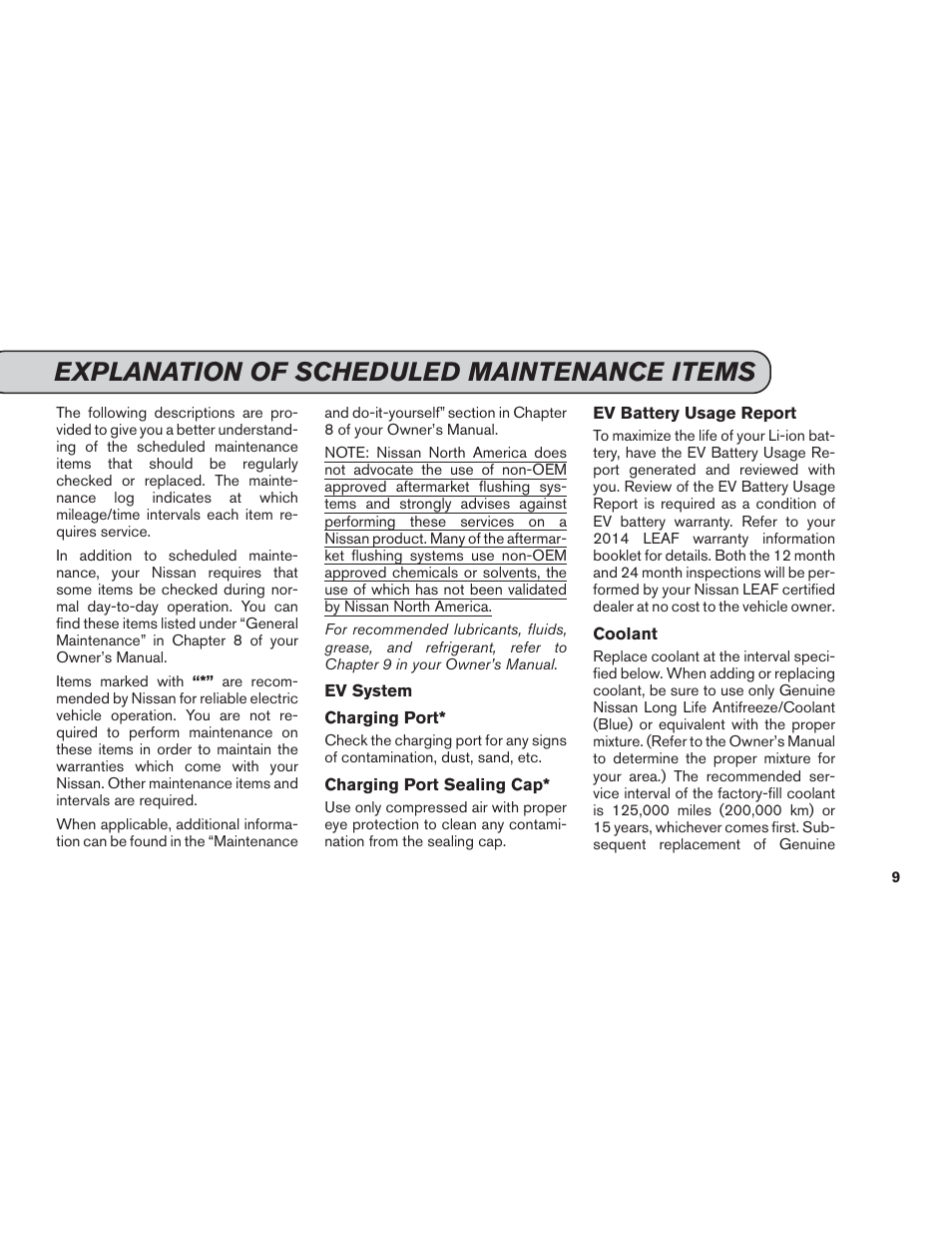 Explanation of scheduled maintenance items | NISSAN 2014 LEAF - Service & Maintenance Guide User Manual | Page 10 / 40