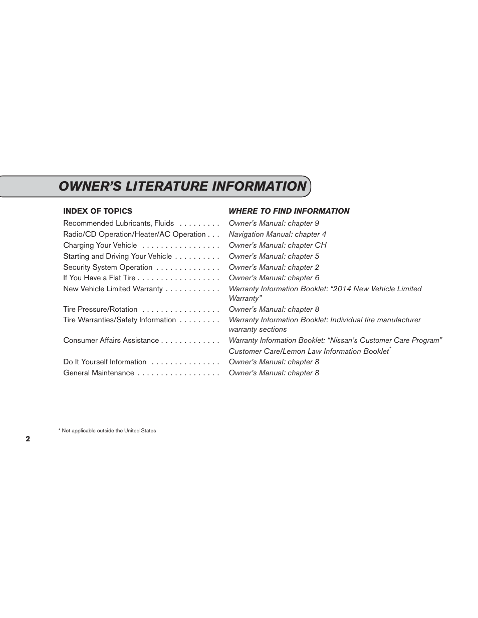 Owner’s literature information | NISSAN 2014 LEAF - Service & Maintenance Guide User Manual | Page 3 / 40