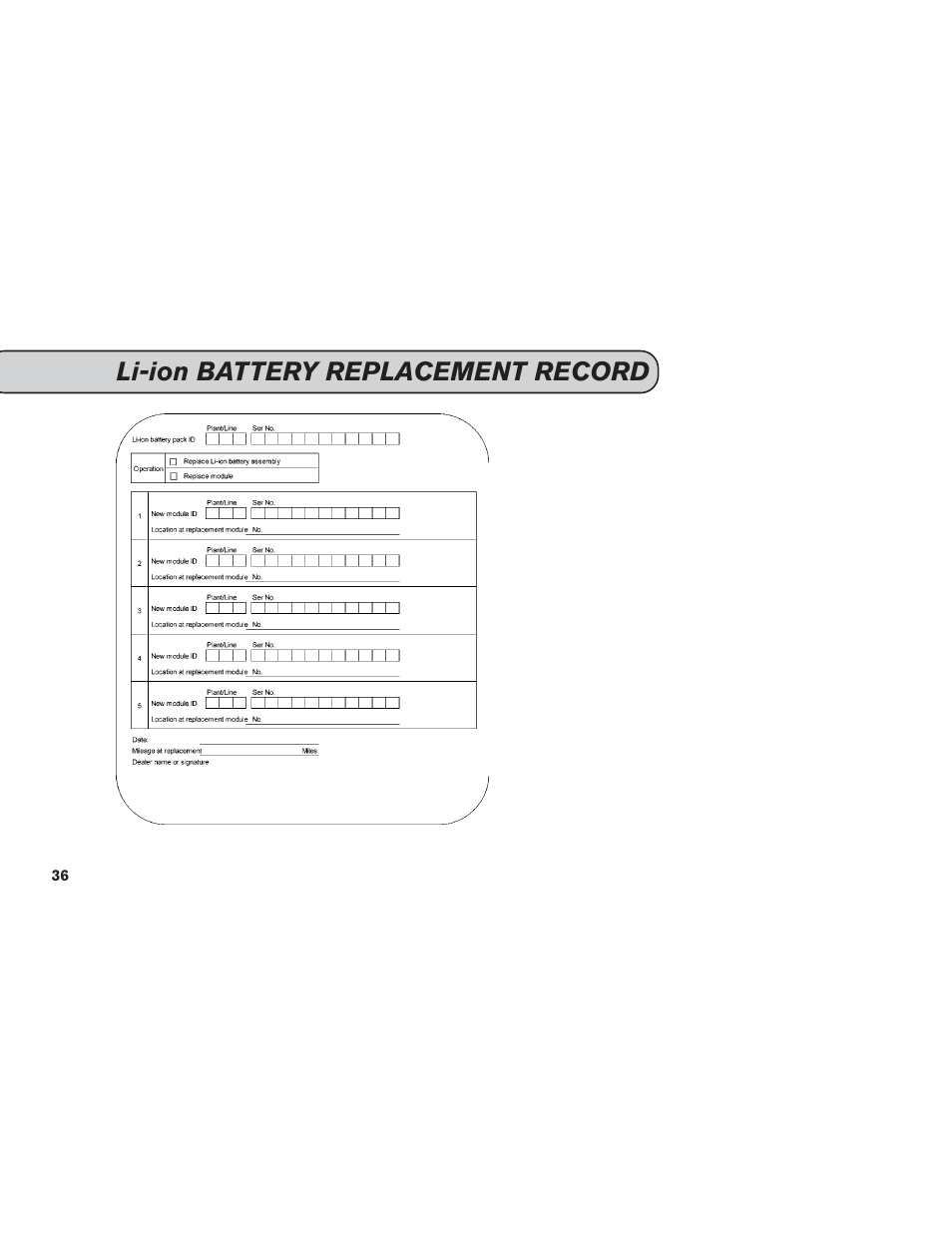 Li-ion battery replacement record | NISSAN 2014 LEAF - Service & Maintenance Guide User Manual | Page 37 / 40