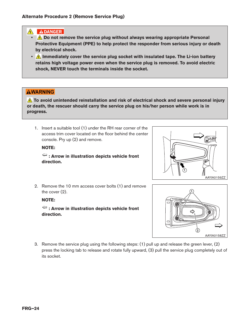 Alternate procedure 2, Remove service plug) (frg–24) | NISSAN 2014 LEAF - First Responder's Guide User Manual | Page 24 / 40