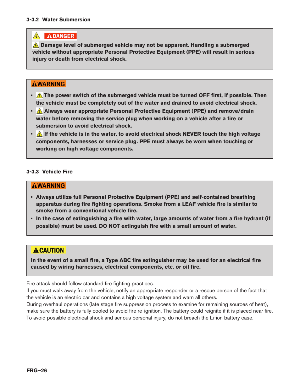 3.2 water submersion, 3.3 vehicle fire | NISSAN 2014 LEAF - First Responder's Guide User Manual | Page 26 / 40