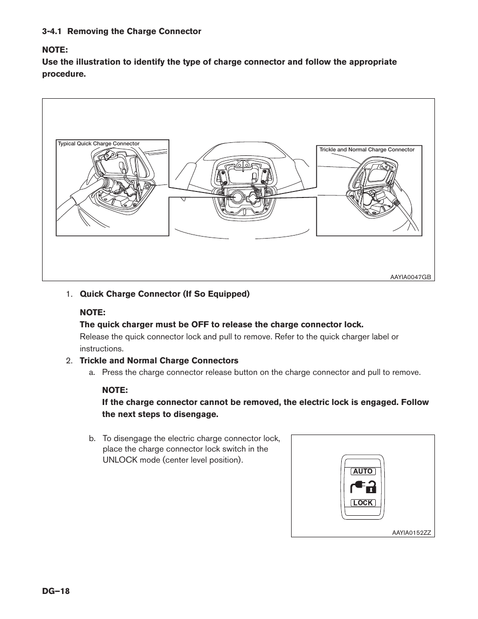 4.1 removing the charge connector, 3.1 removing, The charge connector (dg–18) | NISSAN 2014 LEAF - Dismantling Guide User Manual | Page 18 / 46