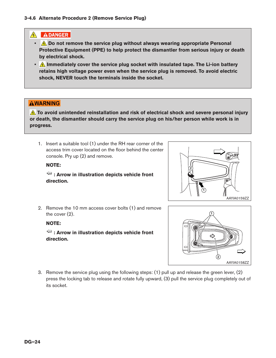 4.6 alternate procedure 2 (remove service plug), 3.6 alternate procedure 2, Remove service plug) (dg–24) | NISSAN 2014 LEAF - Dismantling Guide User Manual | Page 24 / 46