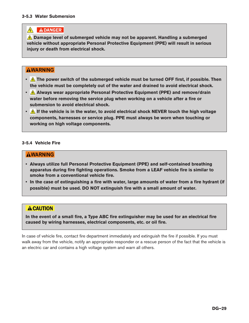 5.3 water submersion, 5.4 vehicle fire | NISSAN 2014 LEAF - Dismantling Guide User Manual | Page 29 / 46