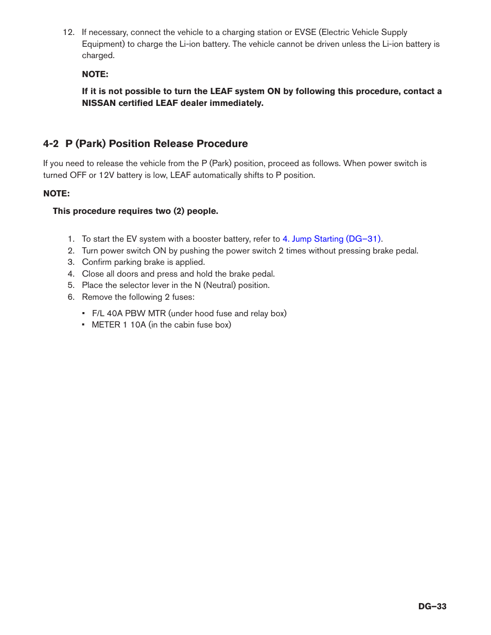 2 p (park) position release procedure | NISSAN 2014 LEAF - Dismantling Guide User Manual | Page 33 / 46