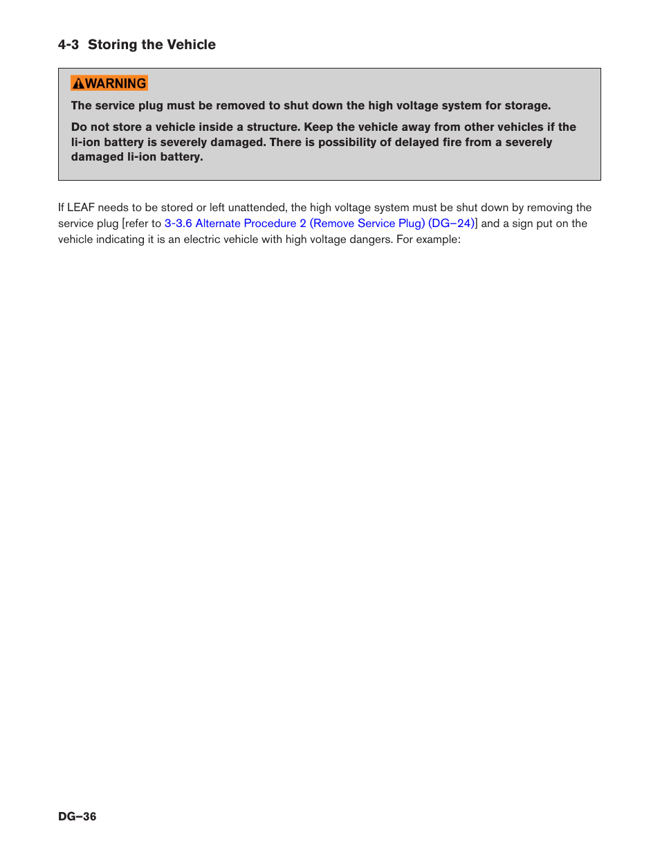 3 storing the vehicle, 3 storing the vehicle (dg–36) | NISSAN 2014 LEAF - Dismantling Guide User Manual | Page 36 / 46