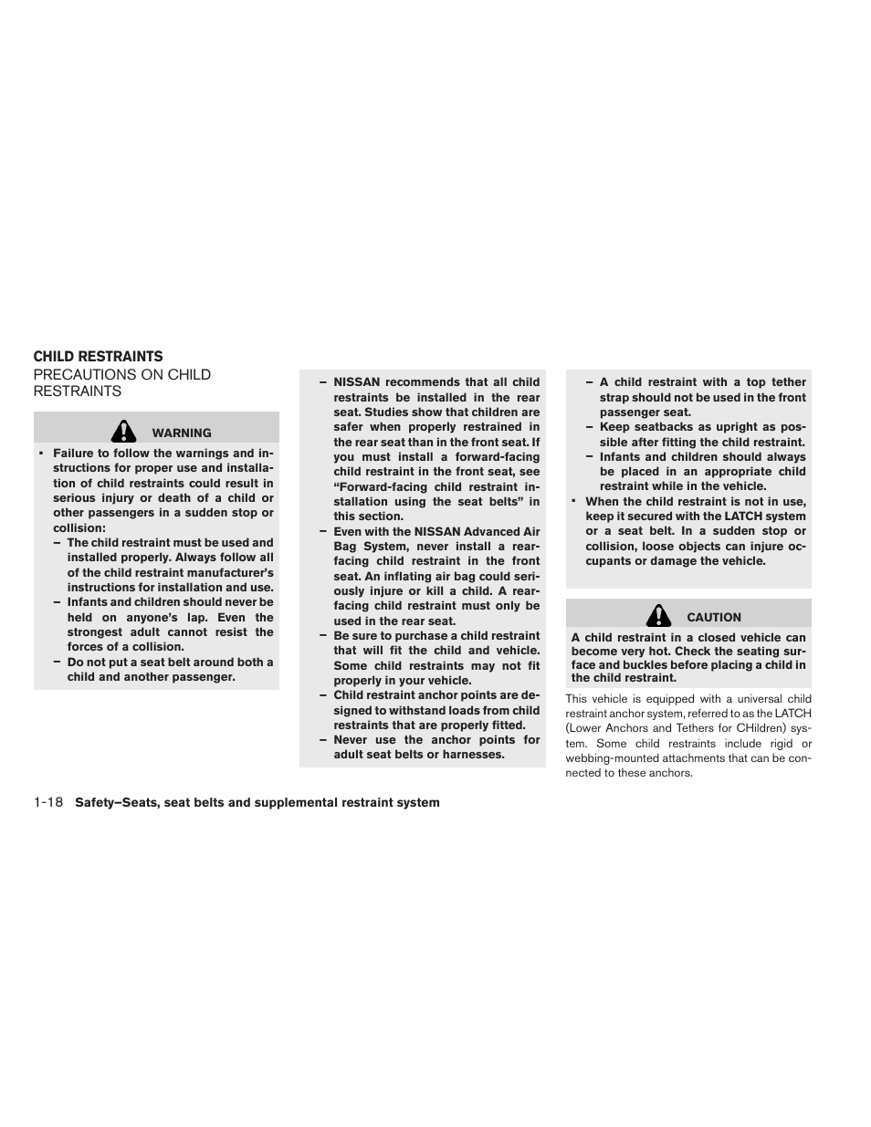 Child restraints -18, Precautions on child restraints -18 | NISSAN 2015 LEAF - Owner's Manual User Manual | Page 103 / 410