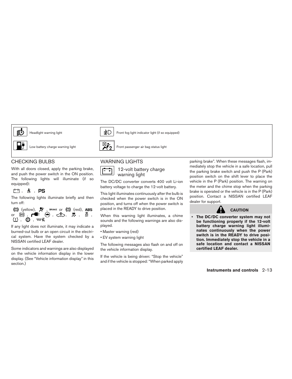 Checking bulbs -13 warning lights -13 | NISSAN 2015 LEAF - Owner's Manual User Manual | Page 150 / 410