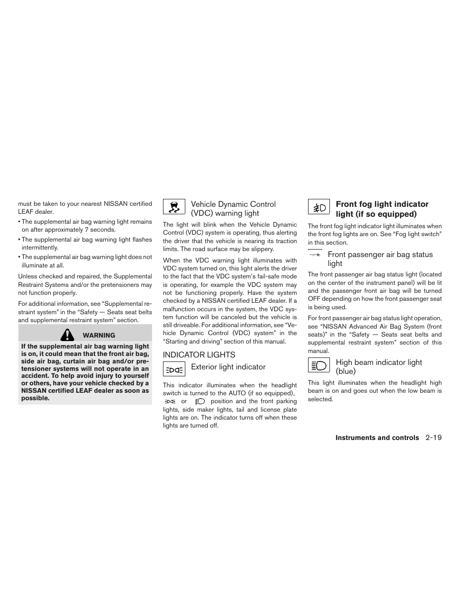 19)/approaching, Indicator lights -19 | NISSAN 2015 LEAF - Owner's Manual User Manual | Page 156 / 410