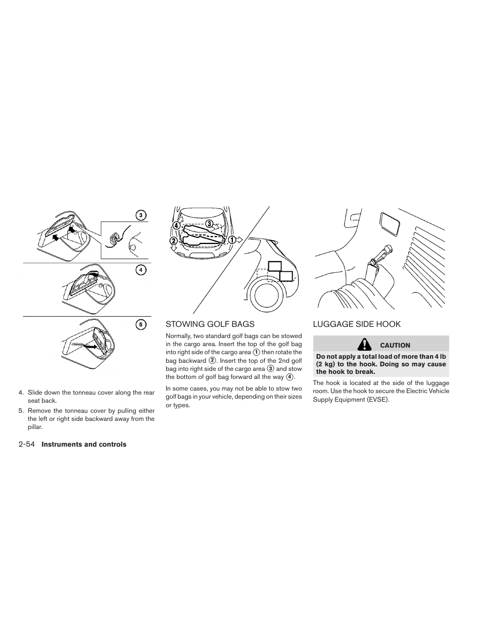 Stowing golf bags -54 luggage side hook -54 | NISSAN 2015 LEAF - Owner's Manual User Manual | Page 191 / 410