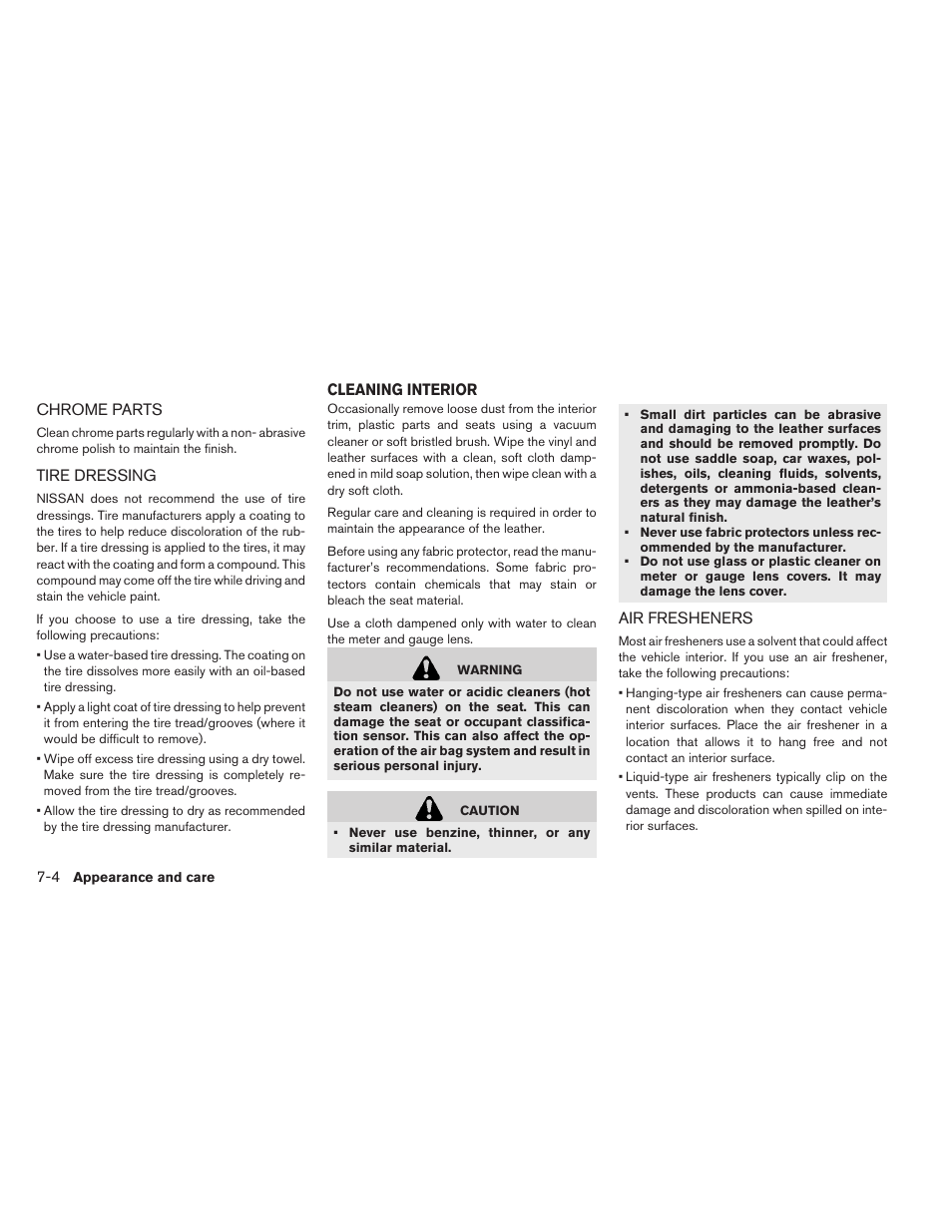 Chrome parts -4 tire dressing -4, Cleaning interior -4, Air fresheners -4 | NISSAN 2015 LEAF - Owner's Manual User Manual | Page 333 / 410