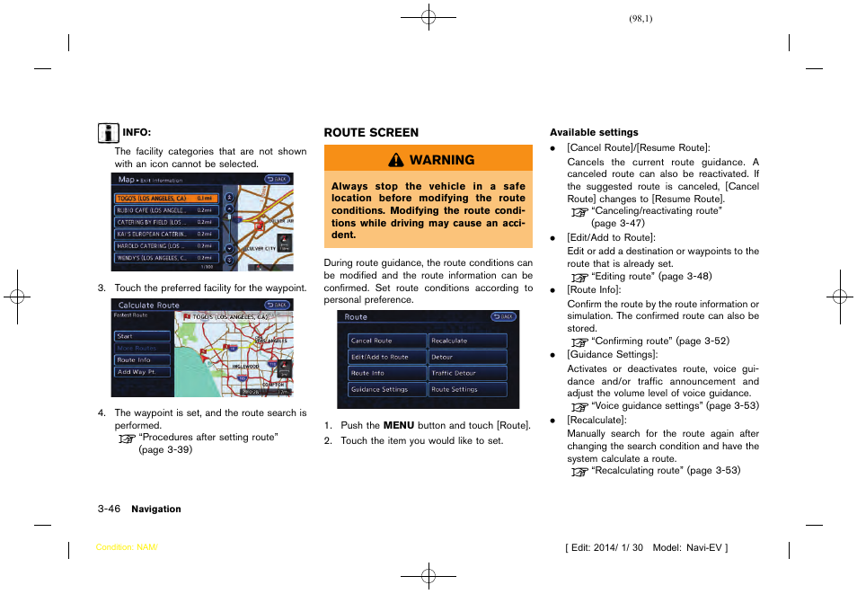 Route screen -46 | NISSAN 2015 LEAF - Navigation System Owner's Manual User Manual | Page 102 / 279