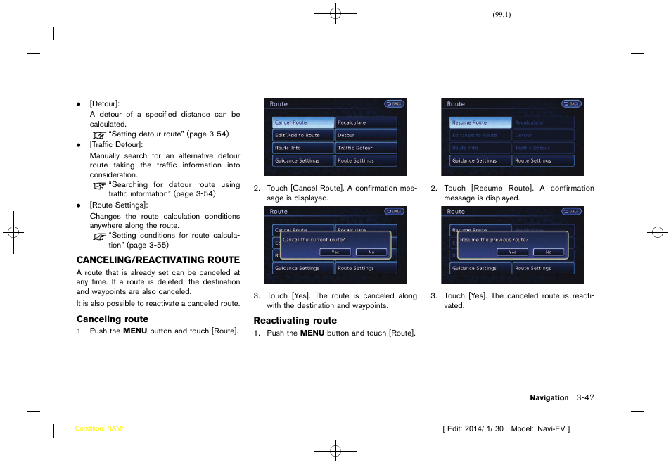 Canceling/reactivating route -47 | NISSAN 2015 LEAF - Navigation System Owner's Manual User Manual | Page 103 / 279