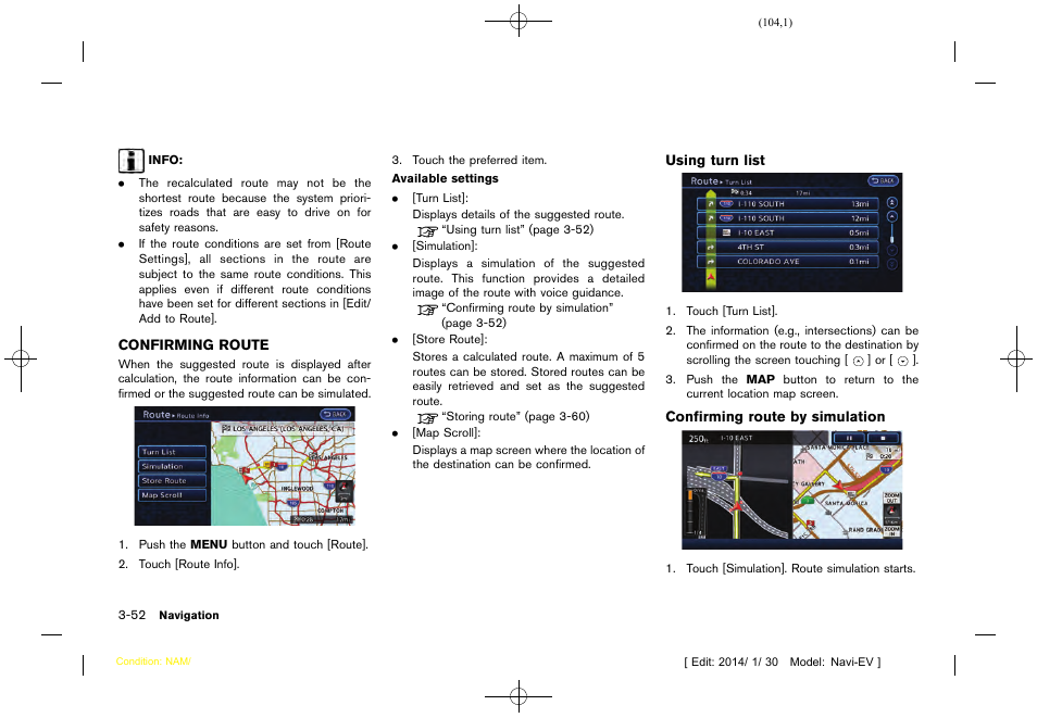 Confirming route -52 | NISSAN 2015 LEAF - Navigation System Owner's Manual User Manual | Page 108 / 279