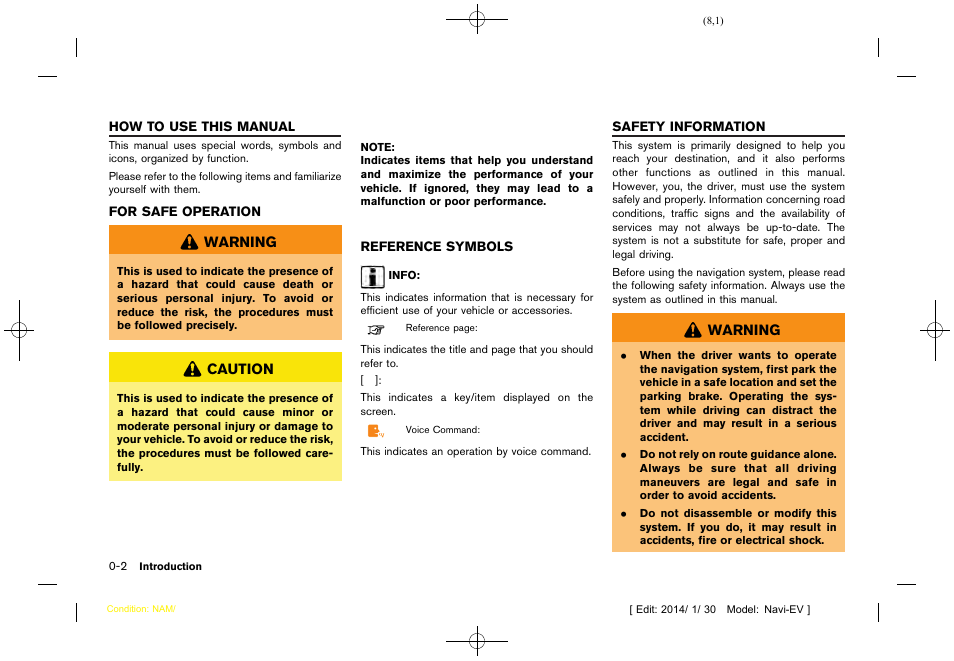 How to use this manual, For safe operation -2 reference symbols -2, Safety information -2 | NISSAN 2015 LEAF - Navigation System Owner's Manual User Manual | Page 12 / 279