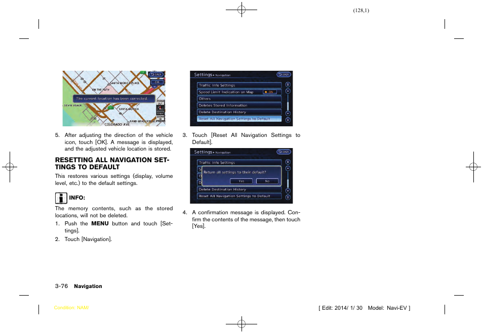 Resetting all navigation settings to default -76 | NISSAN 2015 LEAF - Navigation System Owner's Manual User Manual | Page 132 / 279