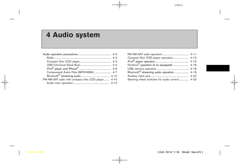 Audio system, 4 audio system | NISSAN 2015 LEAF - Navigation System Owner's Manual User Manual | Page 133 / 279