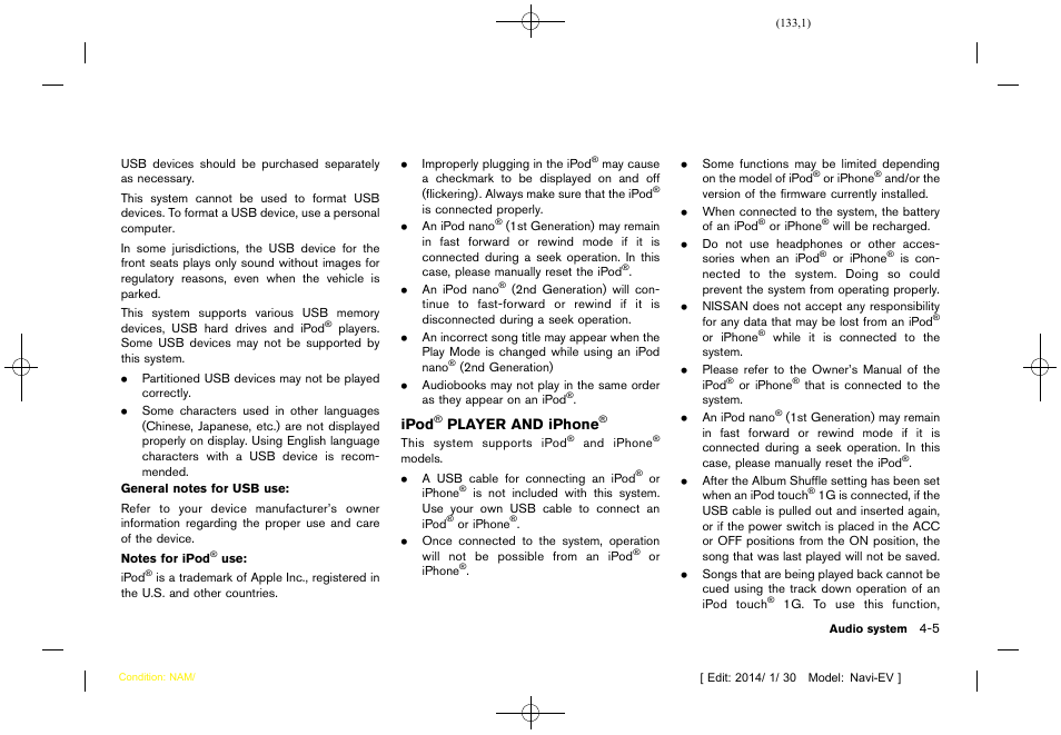 Ipod, Player and iphone | NISSAN 2015 LEAF - Navigation System Owner's Manual User Manual | Page 137 / 279