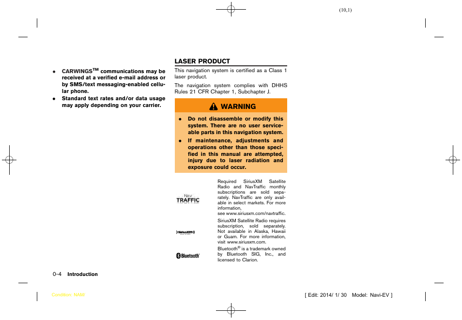 Laser product -4, Warning | NISSAN 2015 LEAF - Navigation System Owner's Manual User Manual | Page 14 / 279