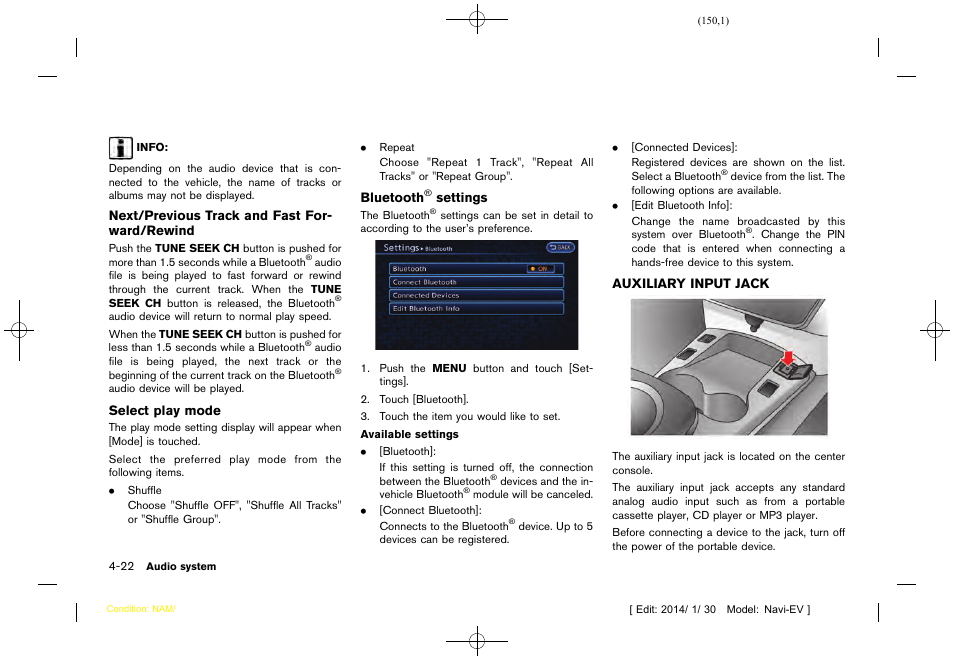 Auxiliary input jack -22 | NISSAN 2015 LEAF - Navigation System Owner's Manual User Manual | Page 154 / 279