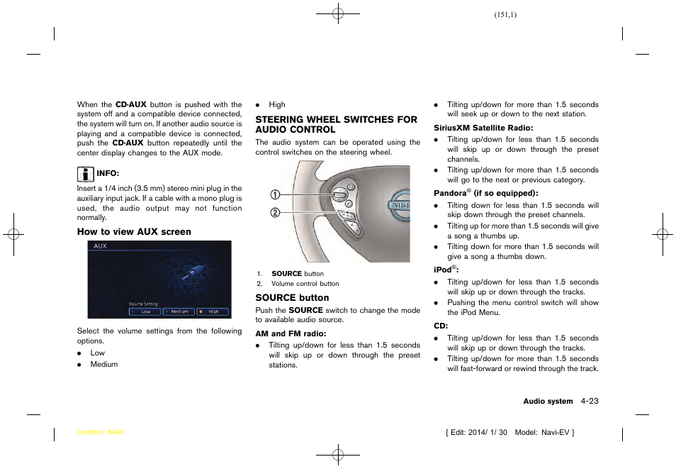 Steering wheel switches for audio control -23 | NISSAN 2015 LEAF - Navigation System Owner's Manual User Manual | Page 155 / 279