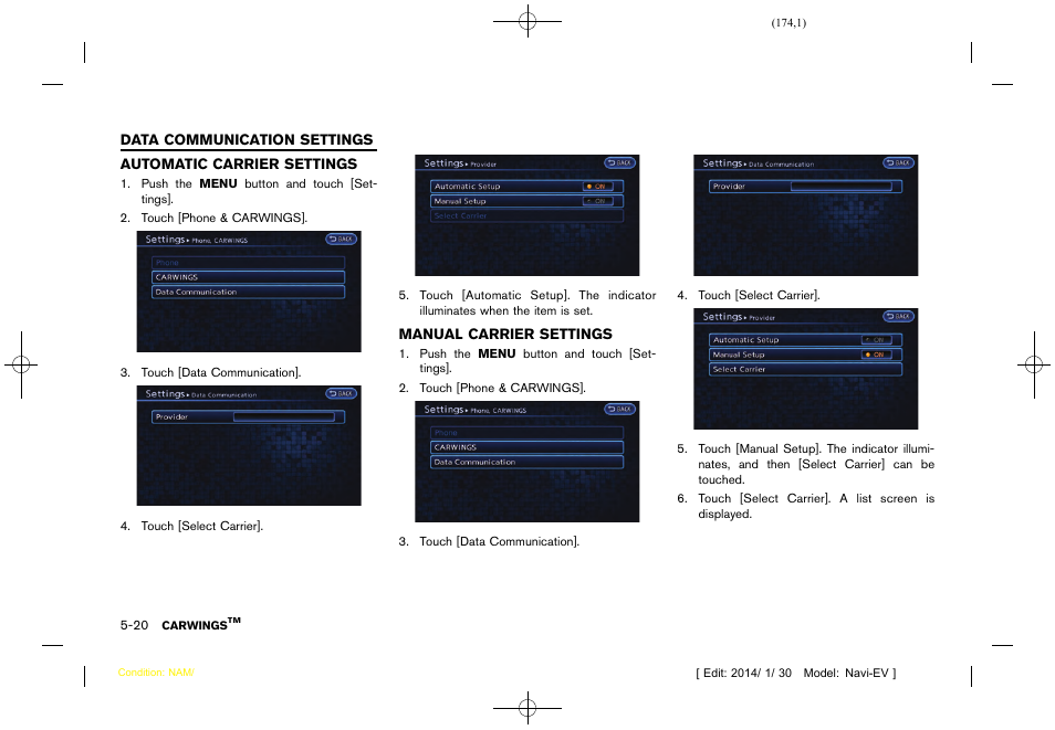 Data communication settings -20 | NISSAN 2015 LEAF - Navigation System Owner's Manual User Manual | Page 176 / 279