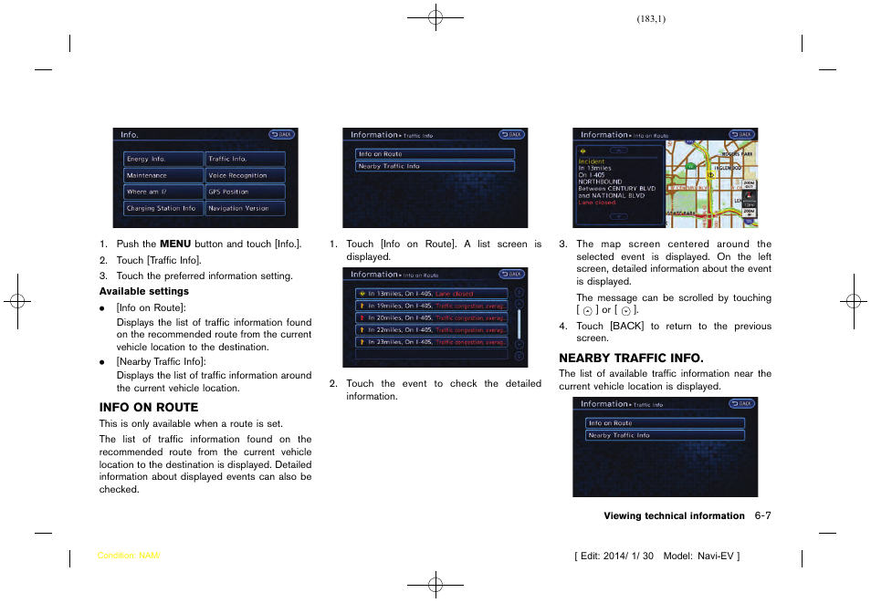 Info on route -7, Nearby traffic info -7 | NISSAN 2015 LEAF - Navigation System Owner's Manual User Manual | Page 185 / 279