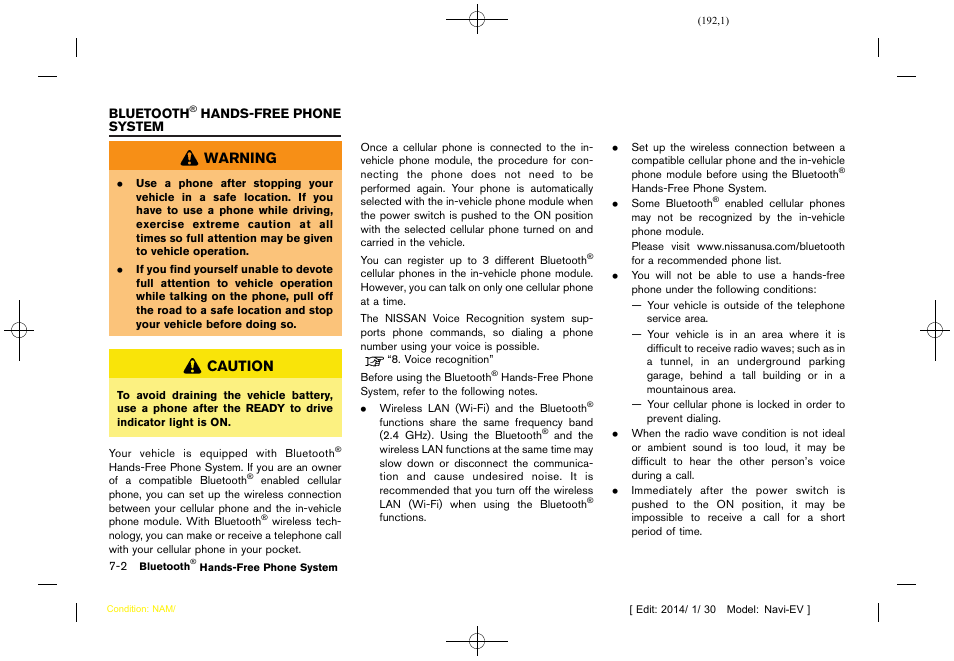 Bluetooth, Hands-free phone system, Warning | Caution | NISSAN 2015 LEAF - Navigation System Owner's Manual User Manual | Page 194 / 279