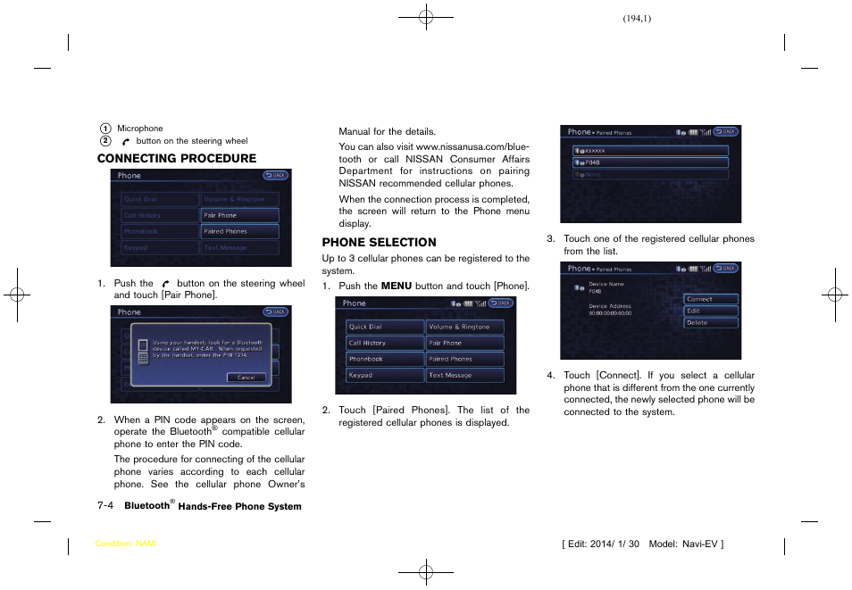Connecting procedure -4 phone selection -4 | NISSAN 2015 LEAF - Navigation System Owner's Manual User Manual | Page 196 / 279