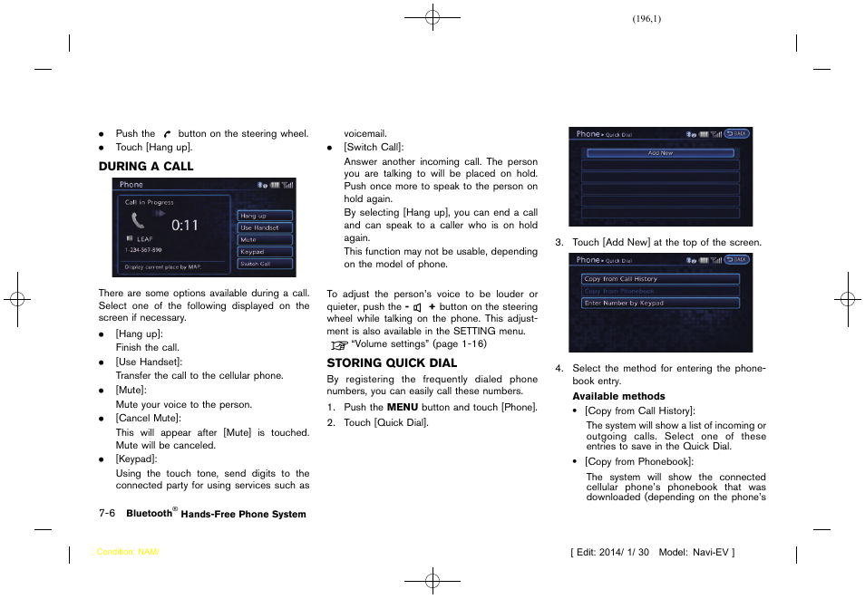 During a call -6 storing quick dial -6 | NISSAN 2015 LEAF - Navigation System Owner's Manual User Manual | Page 198 / 279