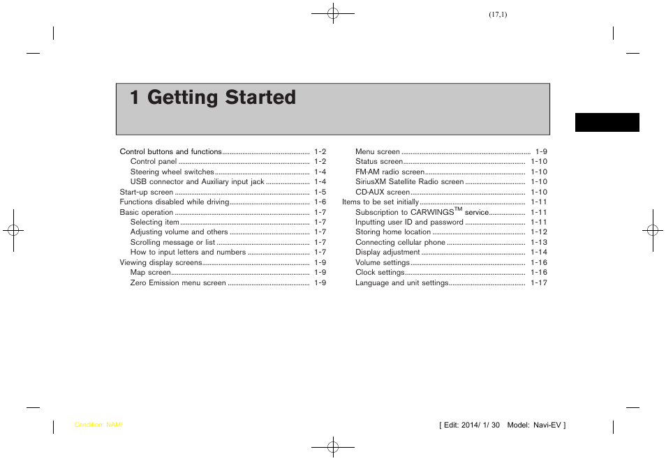 Getting started, 1 getting started | NISSAN 2015 LEAF - Navigation System Owner's Manual User Manual | Page 21 / 279