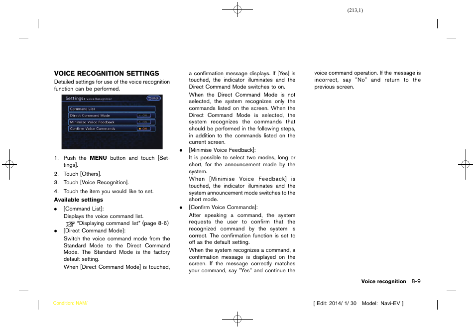 Voice recognition settings -9 | NISSAN 2015 LEAF - Navigation System Owner's Manual User Manual | Page 215 / 279