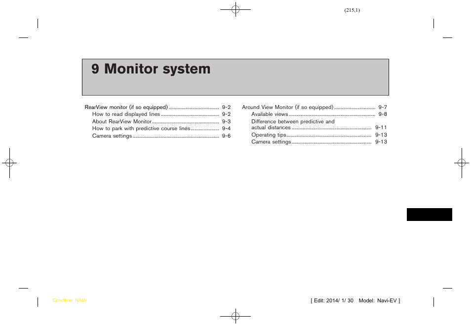 Monitor system, 9 monitor system | NISSAN 2015 LEAF - Navigation System Owner's Manual User Manual | Page 217 / 279