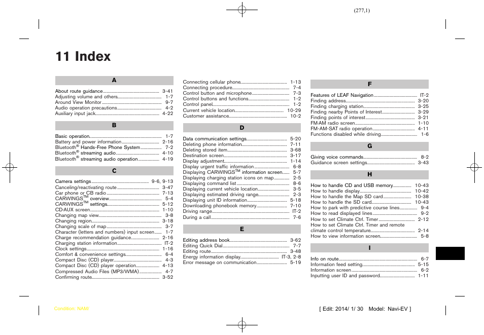 Index, 11 index | NISSAN 2015 LEAF - Navigation System Owner's Manual User Manual | Page 275 / 279