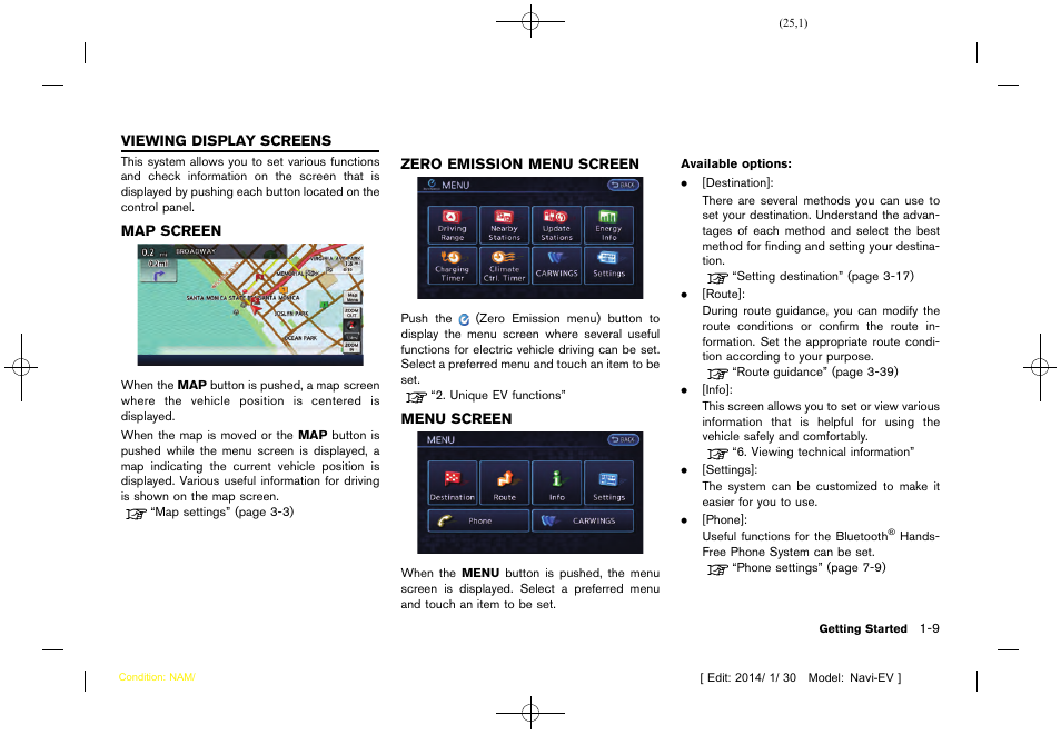 Viewing display screens -9, Map screen -9 zero emission menu screen -9, Menu screen -9 | NISSAN 2015 LEAF - Navigation System Owner's Manual User Manual | Page 29 / 279