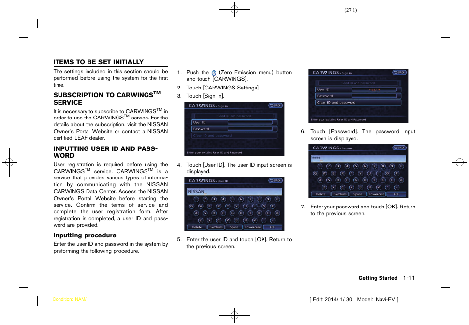 Items to be set initially -11, Subscription to carwings, Service | Inputting user id and password -11 | NISSAN 2015 LEAF - Navigation System Owner's Manual User Manual | Page 31 / 279