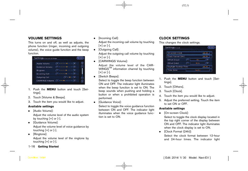 Volume settings -16 clock settings -16 | NISSAN 2015 LEAF - Navigation System Owner's Manual User Manual | Page 36 / 279