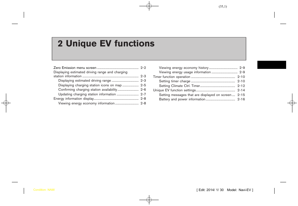 Unique ev functions, 2 unique ev functions | NISSAN 2015 LEAF - Navigation System Owner's Manual User Manual | Page 39 / 279